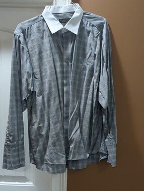 Men's Blue Plaid Dress Shirt with White Contrast Collar